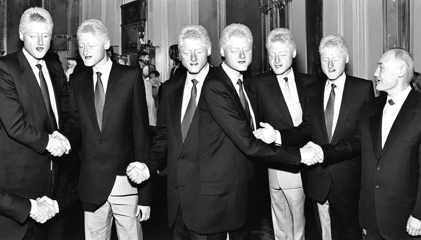 Prompt: 2 pac shaking hands with bill clinton, soviet union, moscow, kremlin, 1 9 9 0, very detailed, realistic, professional award wining photography, 8 k