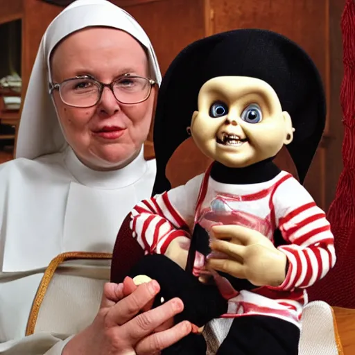 Prompt: a nun in church holding chucky the killer doll on her lap