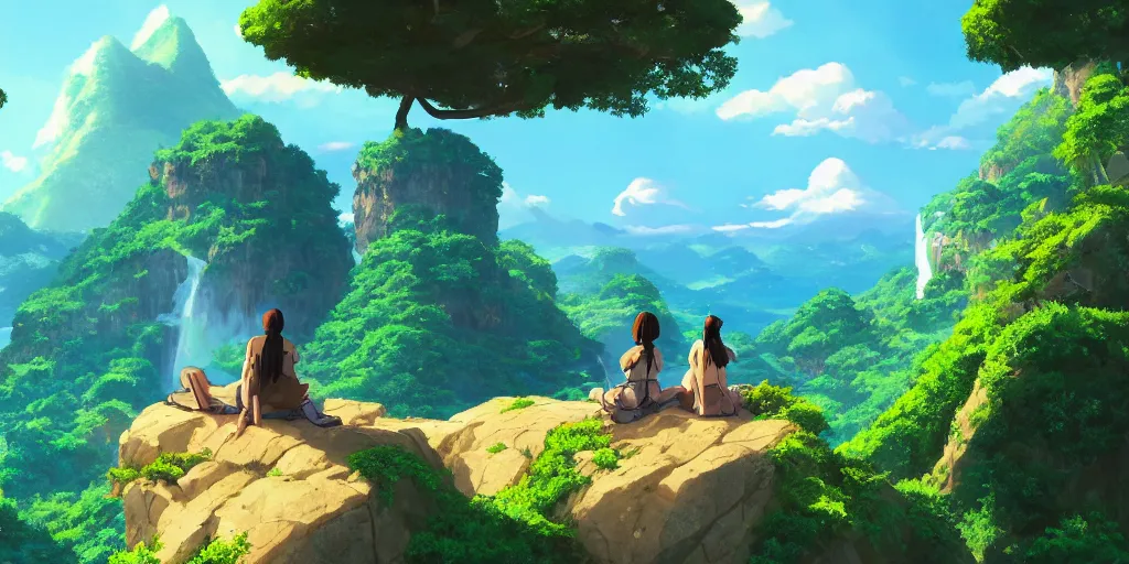 Prompt: avatar - style landscape with lush, floating islands, waterfalls, blue sky, boy and girl sitting on a ledge together gazing at the landscape, makoto shinkai style, trending on artstation, 8 k, 4 k, high - res, digital art