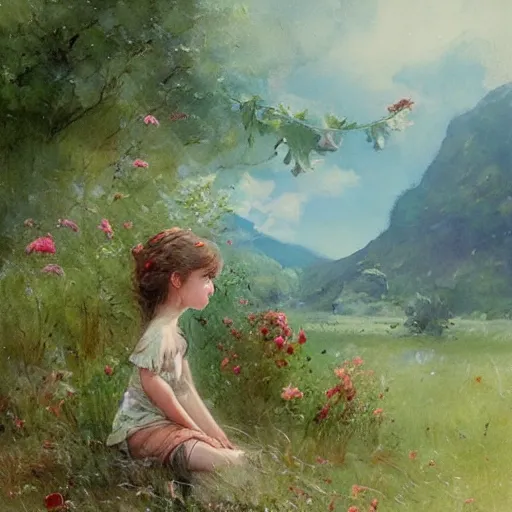 Prompt: summer landscape and lonly girl by jean - baptiste monge, masterpiece, colorful