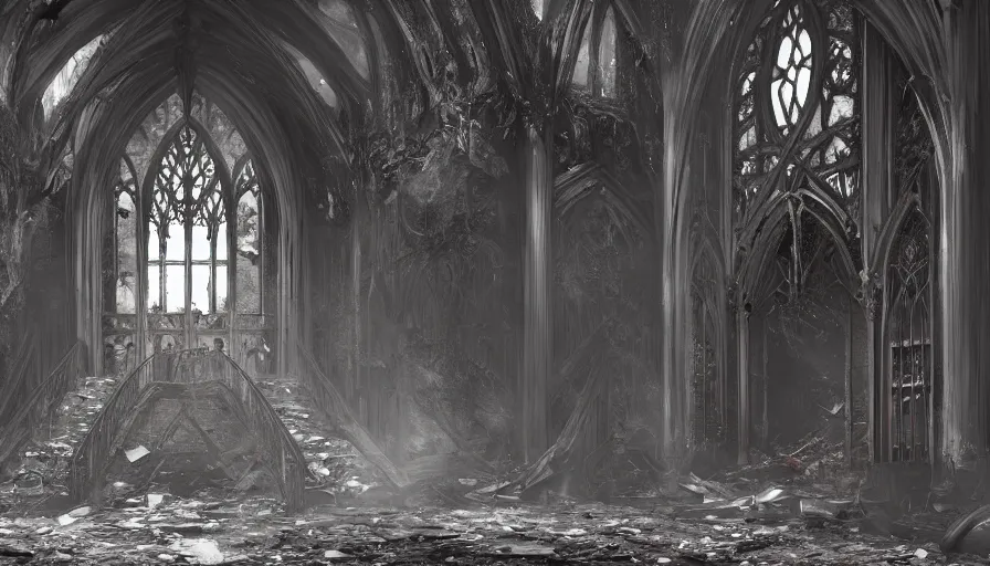 Prompt: Inside of a burning damaged Neo-Gothic castle's entrance hall with big stairs, fire with ashes, hyperdetailed, artstation, cgsociety, 8k