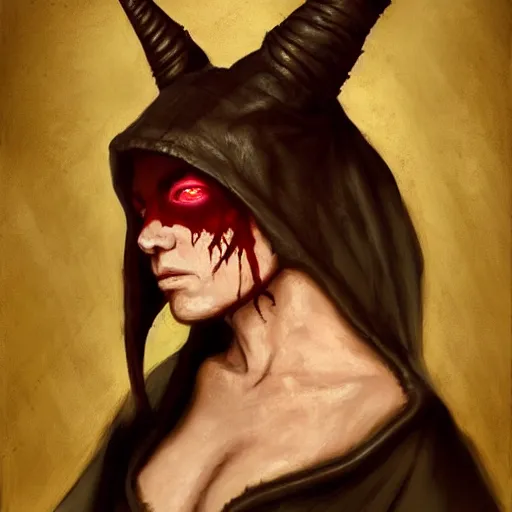 Image similar to masterpiece portrait of a surly and resentful female tiefling thief with red skin wearing a black hooded cloak and a thief's leather garb with horns sticking out of the hood, grumpy body language, by Greg Rutkowski, as seen on ArtStation, 4k, dungeons and dragons, very aesthetic, very detailed, intricate, unreal, fantasy, dramatic, painterly, artstation, sharp focus, smooth