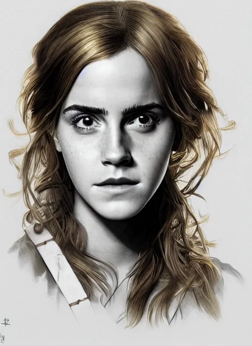 Image similar to portrait of emma watson as hermione granger. beautiful. happy. art by shinji aramaki. extremely detailed. 4 k.