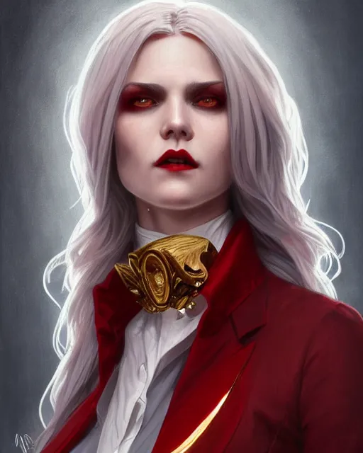 Image similar to female vampire, perfect face, gold waistcoat, red shirt, long grey hair, red necktie, cinematic, stunning, highly detailed, digital painting, artstation, smooth, hard focus, illustration, art by artgerm and greg rutkowski and alphonse mucha