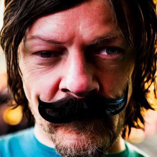 Image similar to norman reedus as waluigi, closeup photo, 2 5 mm, f 3. 4, bokeh