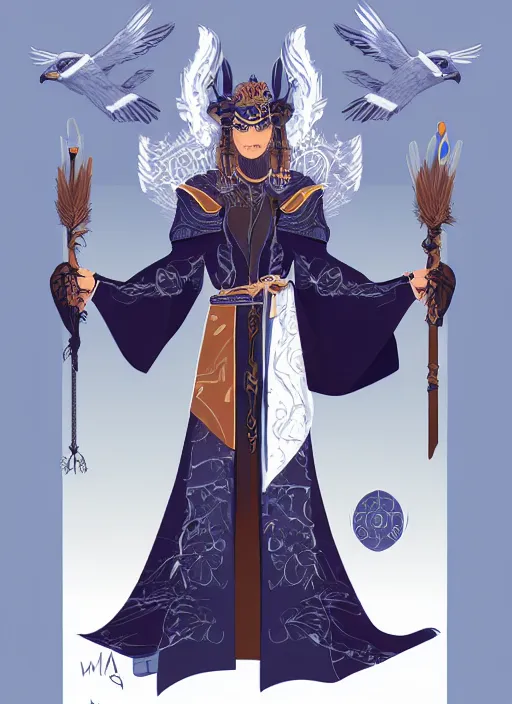 Image similar to hawk and raven headed warlock, wind magic, blue robes, exquisite details, full body character design on a white background, by studio muti