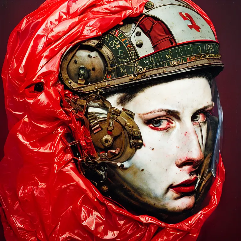 Image similar to portrait of a third reich soldier in ornate motorcycle dirt helmet in a helmet background red plastic bag, circuitboard,, rich deep colors, ultra detail, by francis bacon, james ginn, petra courtright, jenny saville, gerhard richter, zdzisaw beksinsk, takato yamamoto. masterpiece, elegant fashion studio ighting 3 5 mm