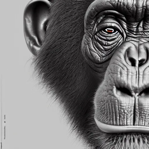 Image similar to a high detail shot of a chimp wearing a suit, smoking a cigar, render, cgsociety, photorealism