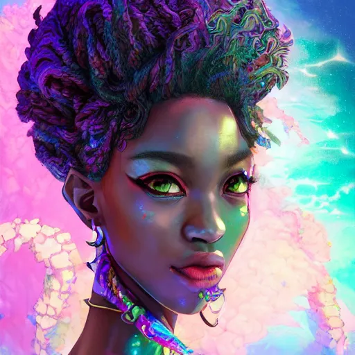 Prompt: the portrait of the absurdly beautiful, graceful, elegant, gorgeous, sensual black young anime goddess made of rainbow crystals, an ultrafine hyperdetailed illustration by kim jung gi, irakli nadar, reflective eyes, intricate linework, bright colors, octopath traveler, final fantasy, unreal engine 5 highly rendered, global illumination, radiant light, intricate environment