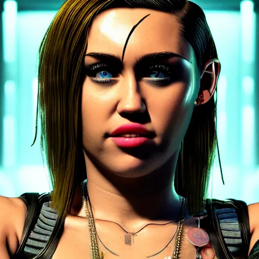 Image similar to miley cyrus portrait, Cyberpunk 2077, photorealistic, ultra detailed, cybernetic head, neon, octane, bokeh, cyber, cyber style, feature, scars, cyberface, 8k