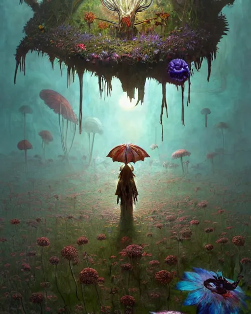 Prompt: the platonic ideal of flowers, rotting, insects and praying of cletus kasady carnage davinci dementor chtulu mandelbulb ponyo alice in wonderland dinotopia watership down botw, fantasy, ego death, decay, dmt, psilocybin, concept art by greg rutkowski and simon stalenhag and alphonse mucha