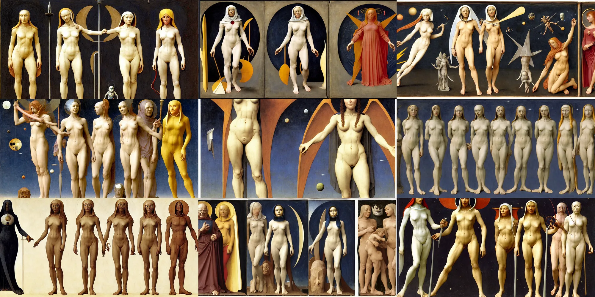 Prompt: character sheet of female gothic astronaut by thomas blackshear and hieronymus bosch, by bouguereau and piero della francesca and sandro botticelli, full figure, whole body, 3 d,
