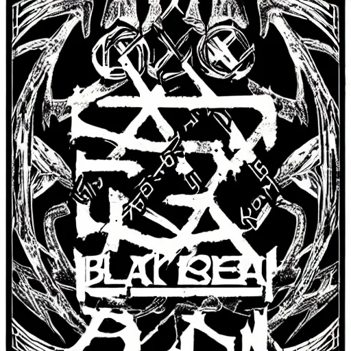 Prompt: black metal concert flyer, black metal logos, unreadable, 3 band lineup, local bar, d. i. y. venue, 4 x 5