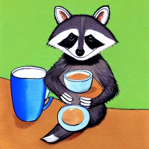 Prompt: raccoon with cup of tea by cozy fireplace, childrens book illustration, in the style of eric carle,
