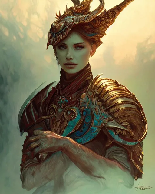 Image similar to Portrait of a Fantasy turquoise knight, moonlit, HD, illustration, epic, D&D, fantasy, intricate, elegant, highly detailed, digital painting, artstation, concept art, smooth, sharp focus, illustration, art by artgerm and greg rutkowski and alphonse mucha, monster hunter illustrations art book