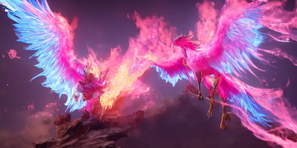 Image similar to pink and blue flaming phoenix, character portrait, unreal engine 5, intricate, detailed, realistic, masterpiece