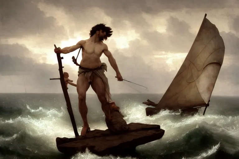 Image similar to ancient historically accurate depiction of Bible Character walking on water during a storm, a small fishing sailboat with scared sailors on board, dramatic lighting by frank miller, illustration by Ruan Jia and Mandy Jurgens and William-Adolphe Bouguereau, Artgerm, 4k, digital art, surreal, space dandy style, highly detailed, godsend, artstation, digital painting, concept art, smooth, sharp focus, illustration by Ruan Jia and Mandy Jurgens and William-Adolphe Bouguereau, Artgerm