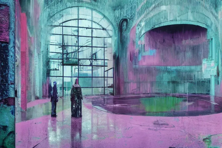 Prompt: abandoned 9 0 s interior with large organic circular windows, rain like a dream, oil painting, cinematic, dramatic, volumetric lighting, cyberpunk, basquiat + francis bacon + gustav klimt + beeple, elevated street art, fantasy lut, textural, pink, blue, purple, green,