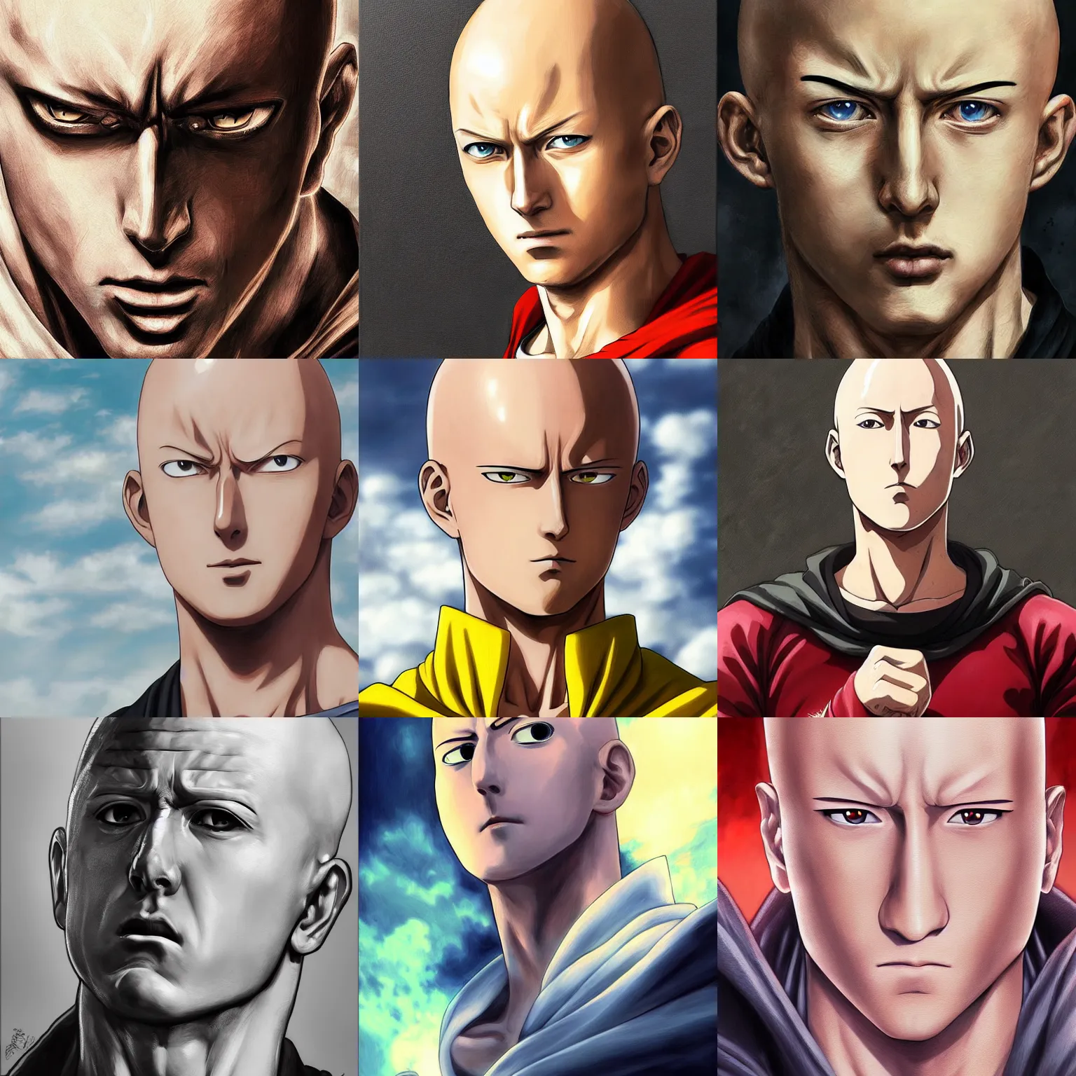 Prompt: portrait of Saitama (One Punch Man), realistic painting, classical painting, high definition, digital art, matte painting, very detailed, realistic
