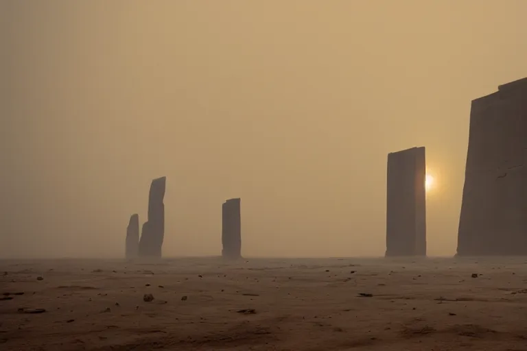 Image similar to gigantic monolithic architecture, open walls let in a sand storm, concrete pillars, ancient sci - fi elements, on an alien planet, sun is blocked by dust, pale orange colors, cinematographic wide angle shot, directed by christopher nolan