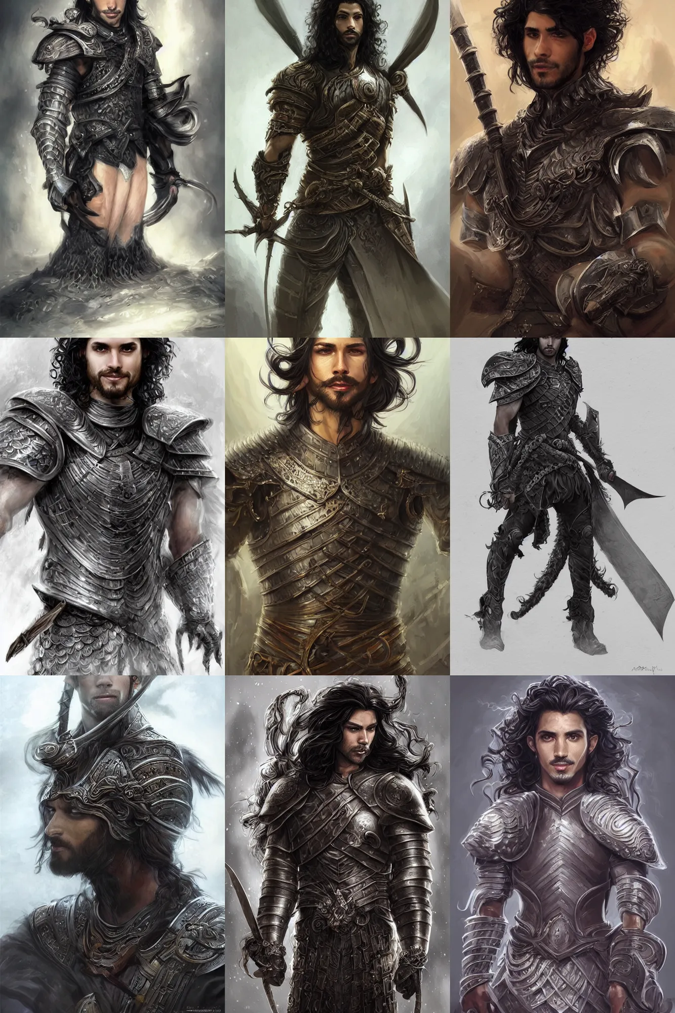 Prompt: portrait of a gorgeous male warrior, looking at camera, D&D, aesthetic armor, very long flowing curly black hair, intricate, elegant, stylish, cute slightly nerdy smile, mouth slightly open, fantasy, extremely detailed, digital painting, artstation, concept art, smooth, sharp focus, illustration, stunning lighting, art by artgerm and greg rutkowski and alphonse mucha and simon stalenhag