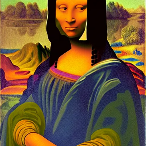 Prompt: an Afro American girl as Mona Lisa by Jacob Lawrence
