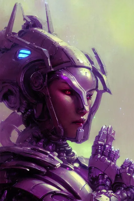 Image similar to extreme close up, facial portrait, woman with a long black ponytail in purple sci - fi armor, kitsune inspired armor, mechanical armor, cybernetic hands, stoic, grim dark, moody, portrait dnd, painting by gaston bussiere, craig mullins, greg rutkowski, yoji shinkawa