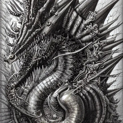 Prompt: a portrait of a dark music dragon, detailed, fantasy, scary, realistic, frightening, ornate, horns, spikes, incredible, masterpiece, amazing, wow!, sense of awe, award winning, greg rutowski, bosch, mc escher, dali