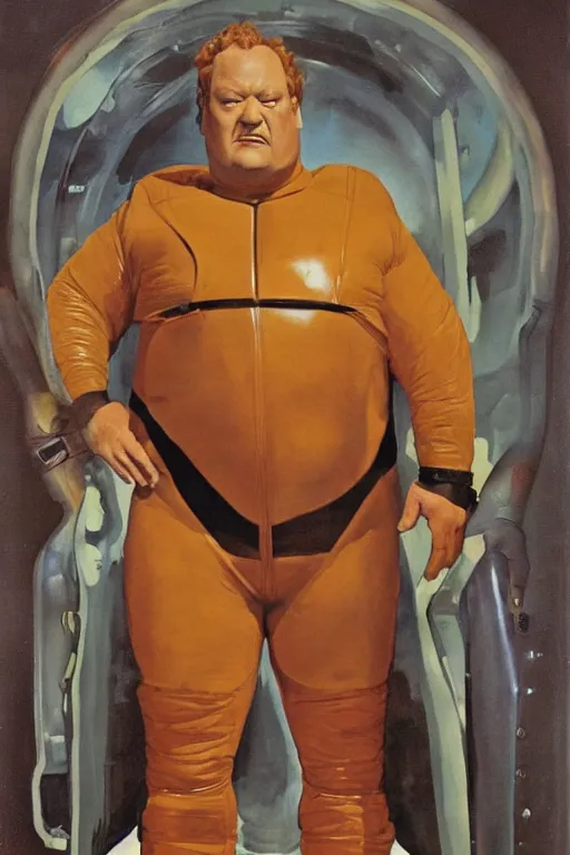 Image similar to full body portrait of actor kenneth mcmillan as baron harkonnen wearing leather spacesuit in dune, colour painting by normal rockwell and phil hale