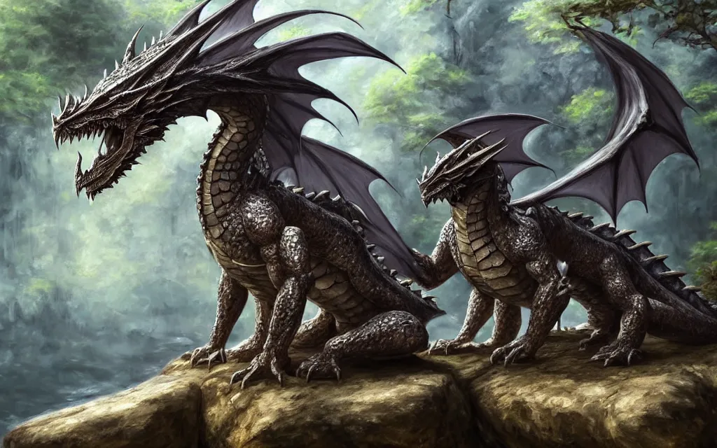 Image similar to A dragon dressed in armor sitting on a rock within a woodland creek, highly detailed, trending on pixiv, realistic oil paint artwork made in 2020.