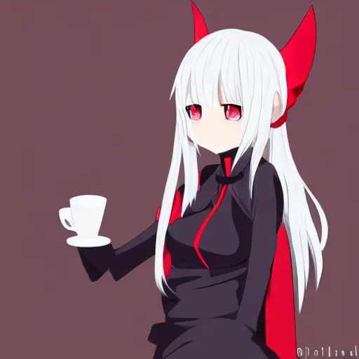 Image similar to white hair, red eyes, two small horn on the head, anime style, anime girl holding a cup of coffee