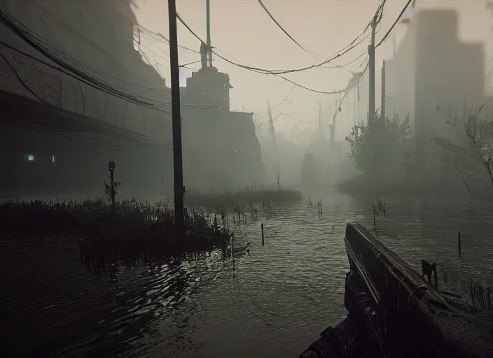 Image similar to dark, misty, foggy, flooded new york city street swamp in Destiny 2, liminal creepy, dark, dystopian, abandoned highly detailed 4k 60fps in-game destiny 2 screenshot gameplay showcase