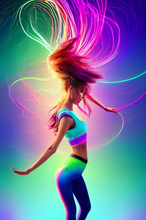 Image similar to a award winning half body portrait of a beautiful woman with stunning eyes in a croptop and leggings with reinbow colored ombre hairstyle head in motion and hair flying while dancing by thomas danthony, surrounded by whirling illuminated lines, outrun, vaporware, shaded flat illustration, digital art, trending on artstation, highly detailed, fine detail, intricate