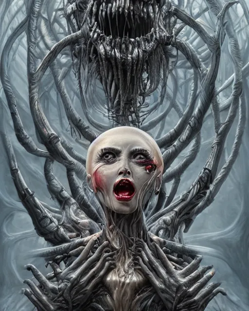 Prompt: death is swallowed up in victory, very detailed and beautiful womans face, screaming with fear, artwork by artgerm, centered shot, wide angle, full body, elfpunk, artwork by naoto hattori, giger, landscape art by john howe