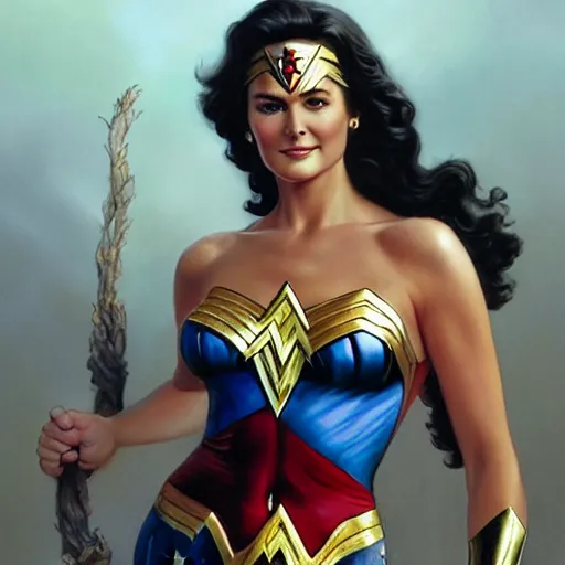 Prompt: a portrait of young Lynda Carter as Wonder woman , detailed, centered, digital painting, artstation, concept art, donato giancola, Joseph Christian Leyendecker, WLOP, Boris Vallejo, Breathtaking, 8k resolution, extremely detailed, beautiful, establishing shot, artistic, hyperrealistic, beautiful face, octane render