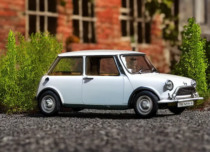 Image similar to a small miniature of a Mini Cooper S 1963 on a white table near a vase with a plant, 3d render, octane render, unreal engine 5, path tracing, serene landscape, calm, relaxing, beautiful landscape, highly detailed, high quality, 4k, symmetrical, low contrast