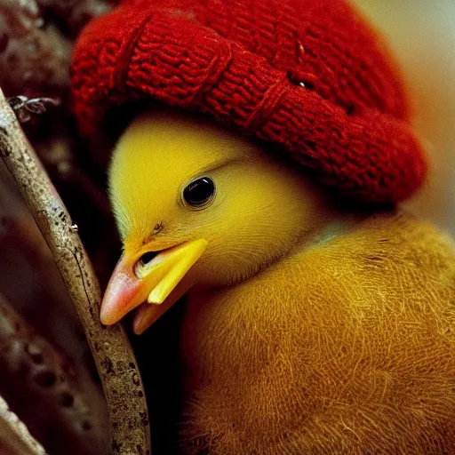 Image similar to Portrait of a yellow baby chick with red wooly hat, striking features, tack sharp, rainy weather, fine-art photography, 180mm f/1.8, by Steve McCurry