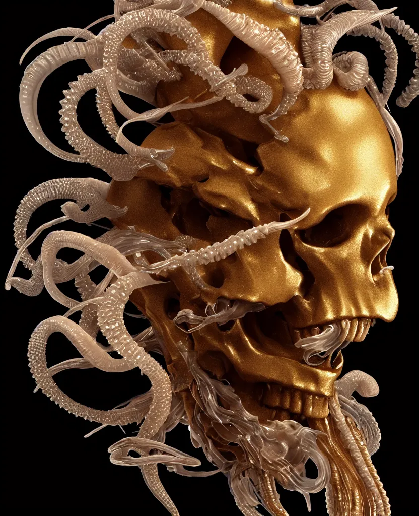 Image similar to black background. goddess princess face close-up portrait ram skull. sculpture made of gold and brilliants. jellyfish phoenix head, nautilus, orchid, skull, betta fish, bioluminiscent creatures, intricate artwork by Tooth Wu and wlop and beeple. octane render, trending on artstation, greg rutkowski very coherent symmetrical artwork. cinematic, hyper realism, high detail, octane render, 8k