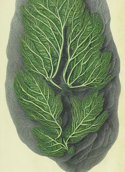 Prompt: fantasy scientific botanical illustration of leafy plant with a large human brain