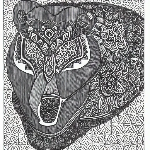 Image similar to detailed, black and white, a bear surrounded by lotus flowers and geometry