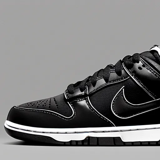 Prompt: nike dunk low black white photograph