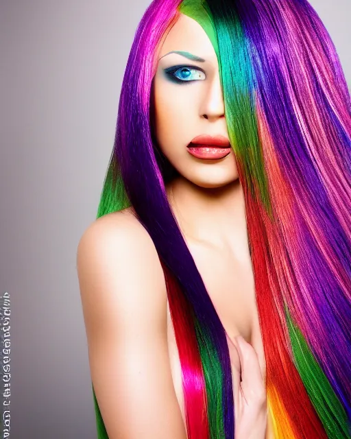 Prompt: a woman with long metallic multicolored hair, photo portrait