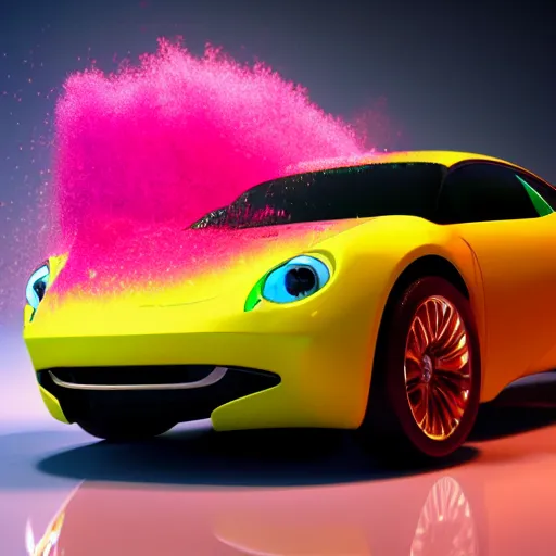 Image similar to a luxurious car is dramatically breaking out of a tv screen. cute 3 d octane render, elegant, an explosion of colorful powder in the background by pixar on artstation, 8 k