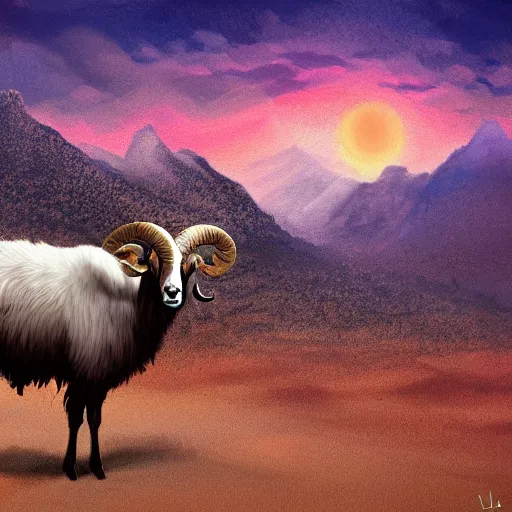 Image similar to ram stuck to a bush by it's horns, caught with its horn in a bush. Desert mountain background. Sunrise. digital painting, concept art, highly detailed, promotional art, HD, digital painting, trending on ArtStation, golden ratio, rule of thirds