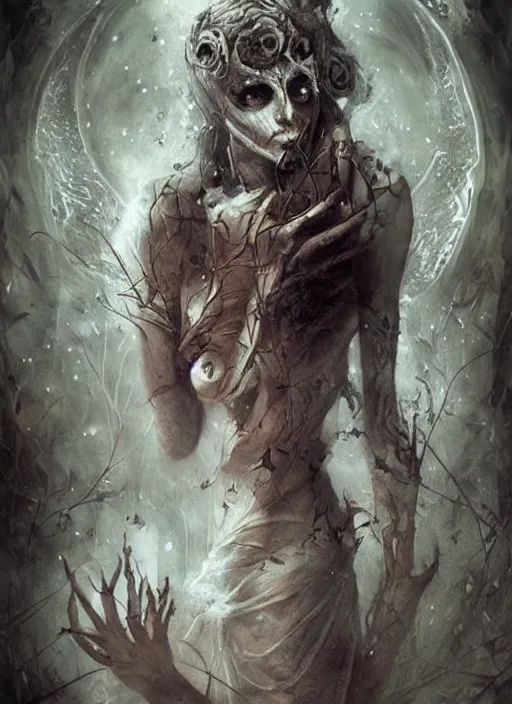 Image similar to a horror tarot card design with intricate details of soul leaving the body :: bastien lecouffe deharme
