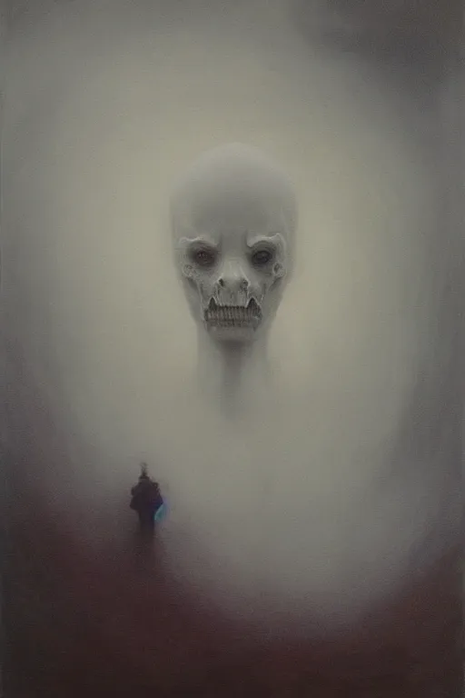 Image similar to hyper realistic painting of the eerie fog, ghost, creepy atmosphere, unnerving brushstrokes wayne barlowe, beksinski, hr giger, austin osman spare, bussiere