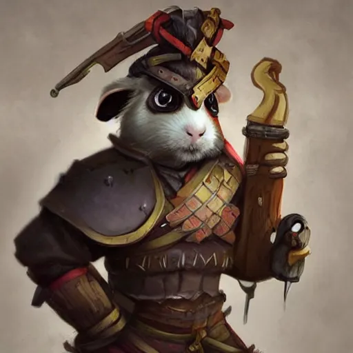 Image similar to cute little anthropomorphic Guinea Pig Samurai in city, tiny, small, short, Samurai outfit, cute and adorable, pretty, beautiful, DnD character art portrait, matte fantasy painting, DeviantArt Artstation, by Jason Felix by Steve Argyle by Tyler Jacobson by Peter Mohrbacher, cinematic lighting