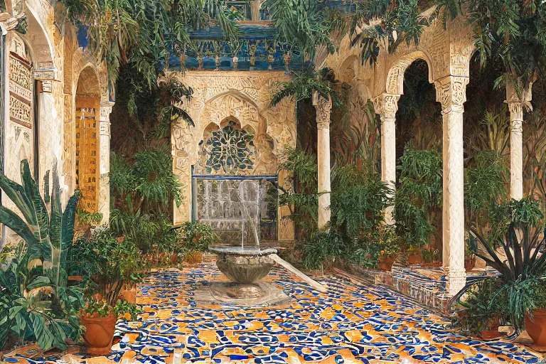 Image similar to painting of a beautiful moorish palace courtyard garden, by ludwig deutsch and donato giancola, patterned tilework, palm trees, tiled fountains, extremely detailed, cinematic lighting, smooth sharp focus