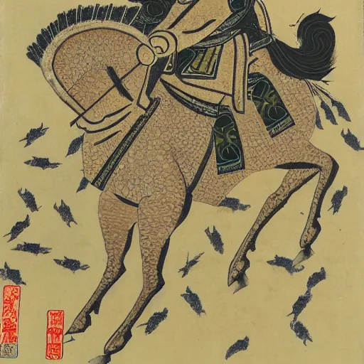Prompt: samurai riding a horse through a swarm of locusts, sumi-e