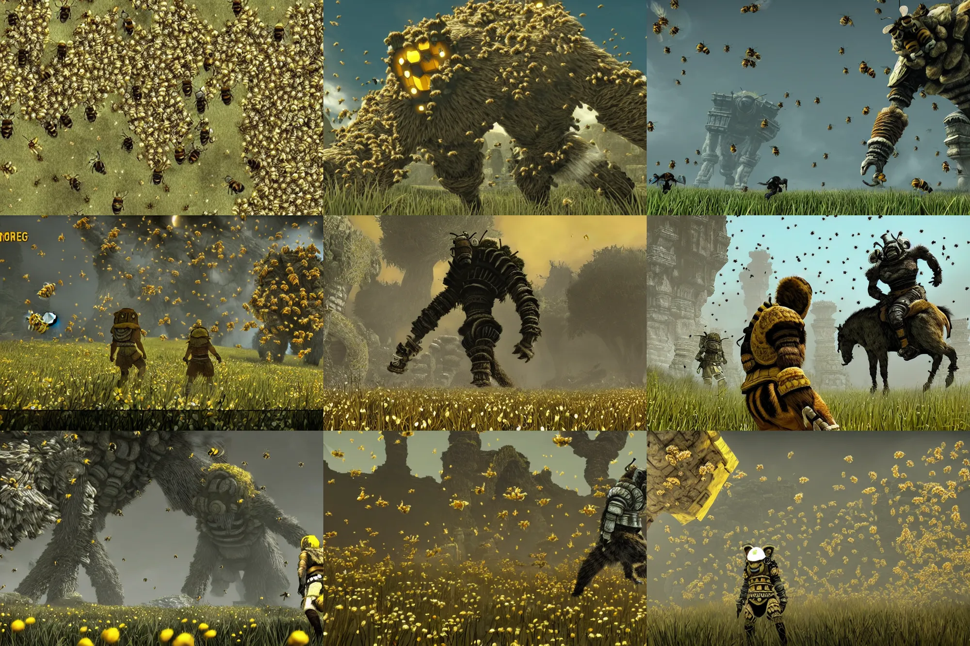 Prompt: screenshot, shadow of the colossus covered in bees, bee swarm, bees covering